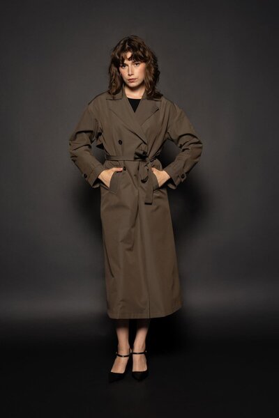 Thalure Kadın Haki Kemerli Yırtmaçlı Uzun Trençkot
