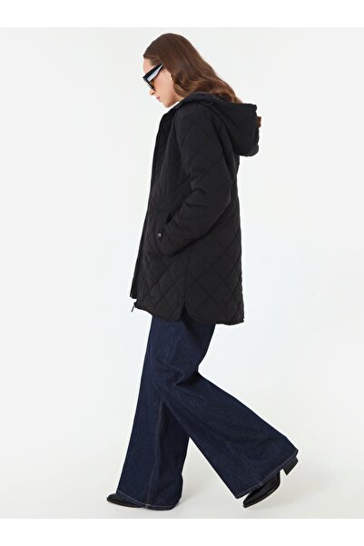Refka Quilted Detailed Hooded Coat - Black -