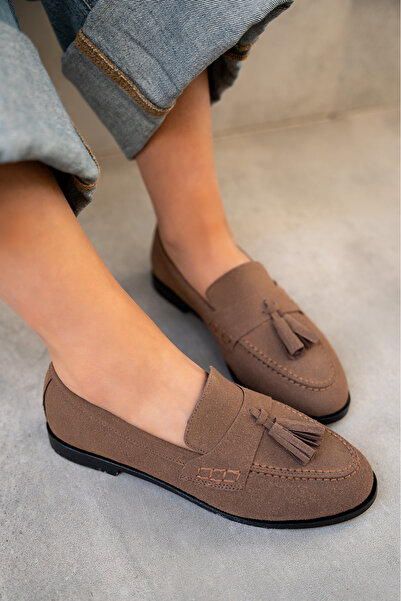 LAMİNTA Leather Tassel Detailed Bitter Brown Women's Flat Sole Shoes