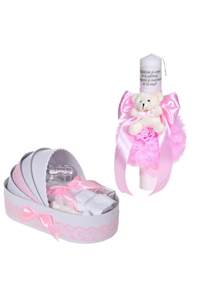 BebeNou Λαμπάδα & Σετ Βάπτισης για Κορίτσια από την Denikos με Ροζ Δαντέλα