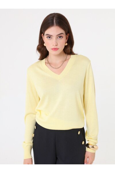 Refka V Yaka Klasik Triko Kazak - Acik sari -