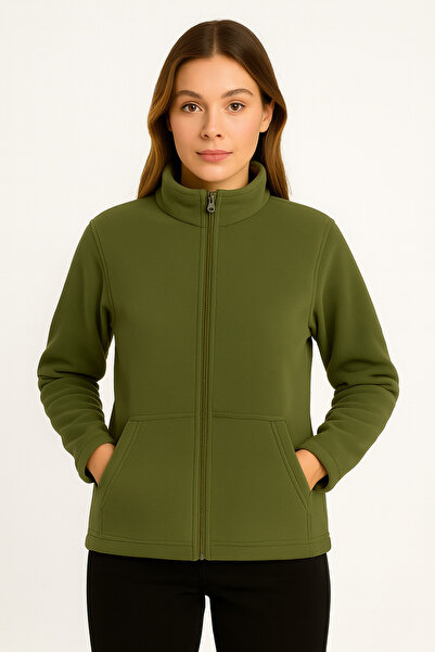 KaeLaurean Unisex Χακί Ζακέτα Fleece με πλήρη εφαρμογή με φερμουάρ, ανθεκτική στο κρύο