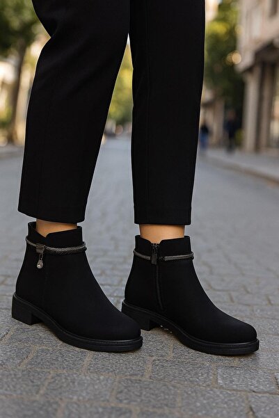 MODAONN Kadın Cilt ve Nubuk Aksesuar Detaylı Fermuarlı Rahat Kışlık Bot Kaymaz Taban H01