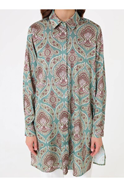 Refka Şal Desenli Geniş Kesim Tunik - Yesil -