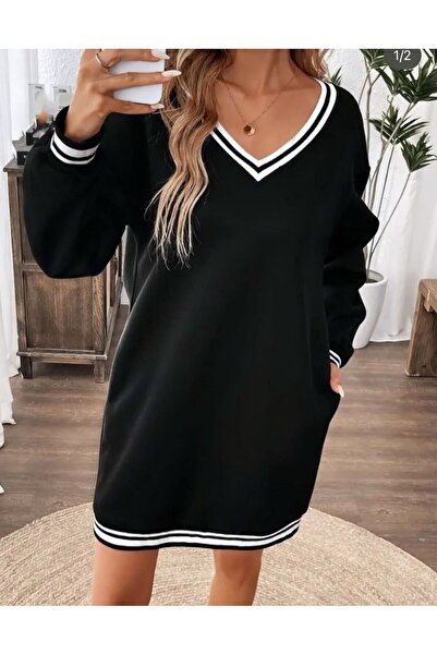 Sima Butik Kadın Çizgili V Yaka Kısa Elbise