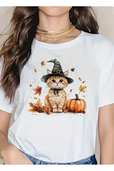wonderbb Tricou dama 100% bumbac "Cat autumn" Alb