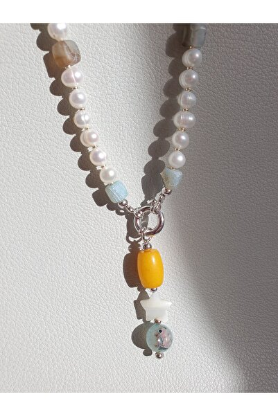 Abundo Agate, cultured pearl, jade and mother-of-pearl necklace with 925 silver, 52 cm