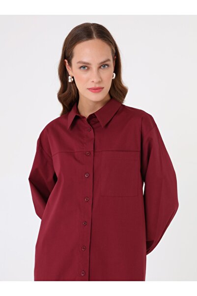 Benin Poplin Kumaş Cep Detaylı Uzun Basic Bluz / Gömlek - Bordo -
