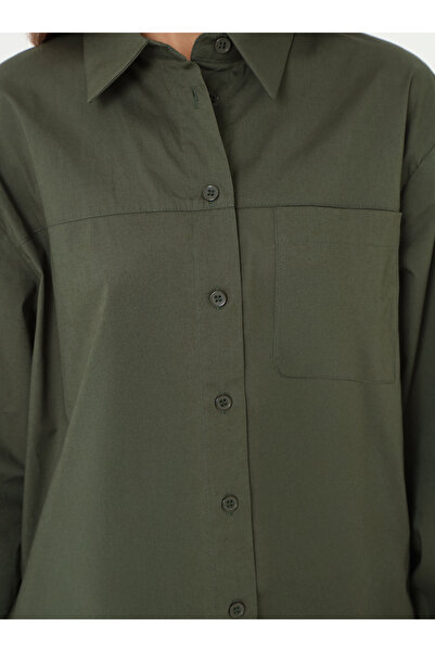 Benin Poplin Fabric Pocket Detailed Long Basic Blouse / Shirt - Khaki -