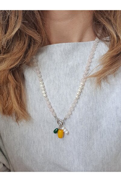 Abundo Necklace made of cultured pearls, aventurine and shell with 925 silver, 59 cm