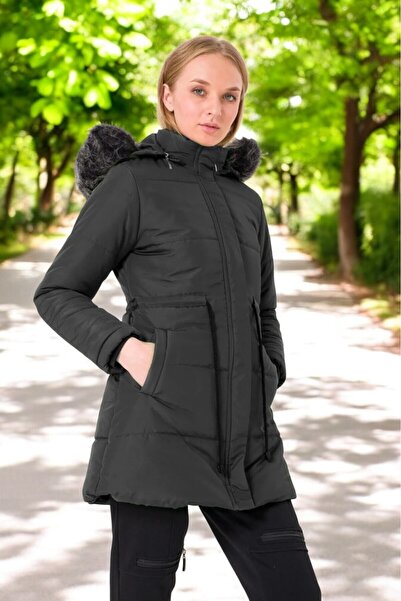 Sacrosa Kışlık Orta Boy Kürklü Kapüşonlu Su Geçirmez Rahat Kadın Şişme Mont