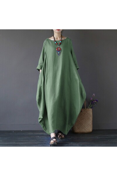 Sacrosa Keten Rahat Baharlık Salaş Panço Kadın Elbise