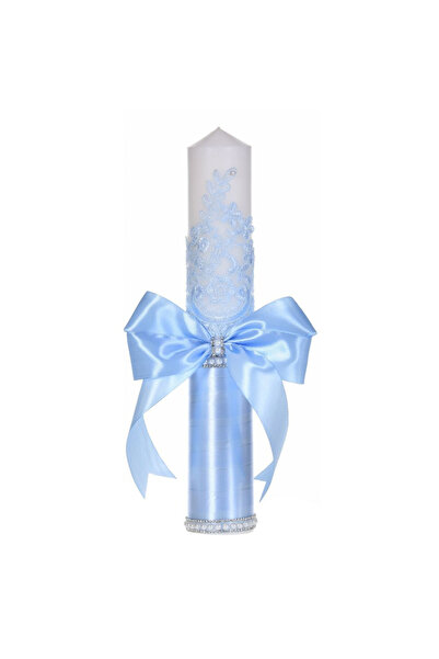 BebeNou Κομψή Μπλε Λαμπάδα Βάπτισης, Δαντέλα, Χάντρες, Denikos® C1190