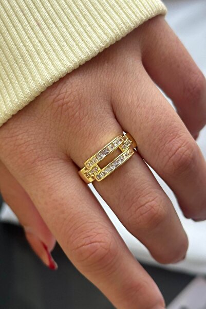 TAKIŞTIR خاتم فولاذي قابل للتعديل مع تفاصيل حجرية ذهبية اللون