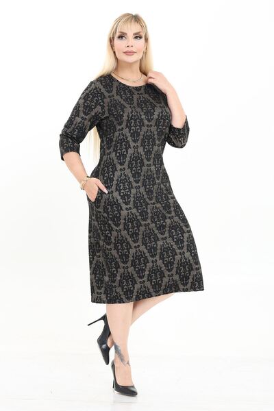 modayız Çift Cepli Desenli Esnek Kışlık Büyük Beden Midi Elbise 16C-2723