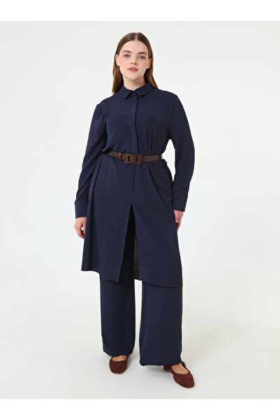 ALİA Yarın Patlı Uzun Tunik&Pantolon Büyük Beden Takım - Lacivert -