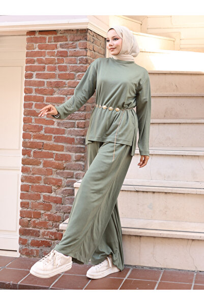 VAV Slitted Blouse and Pants Set - Khaki -