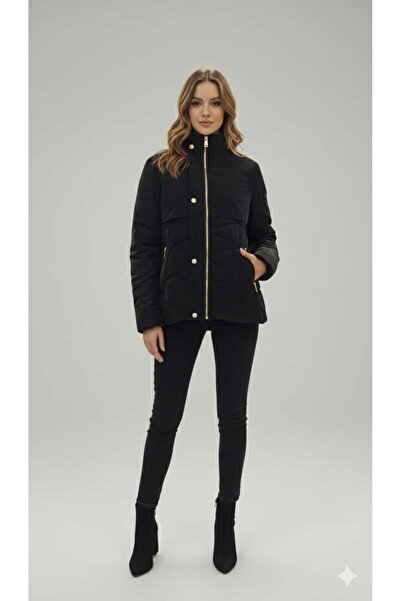 KMKkombin Women's Short Nova Fabric Lining Zippered Inflatable Coat with Hat