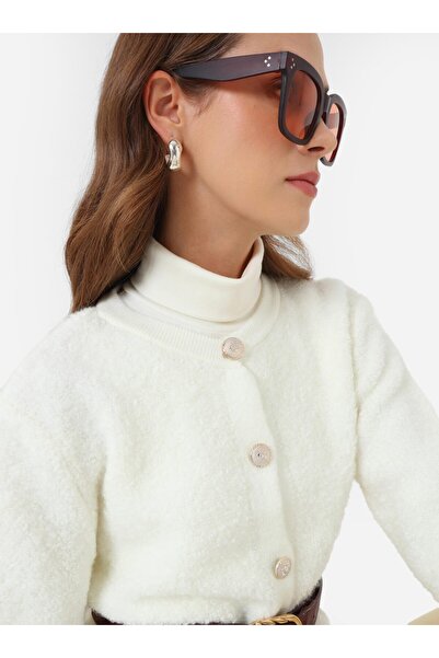 Refka Button Detailed Soft Textured Knitwear Cardigan - Ecru -