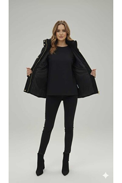 KMKkombin Women's Short Nova Fabric Lining Zippered Inflatable Coat with Hat