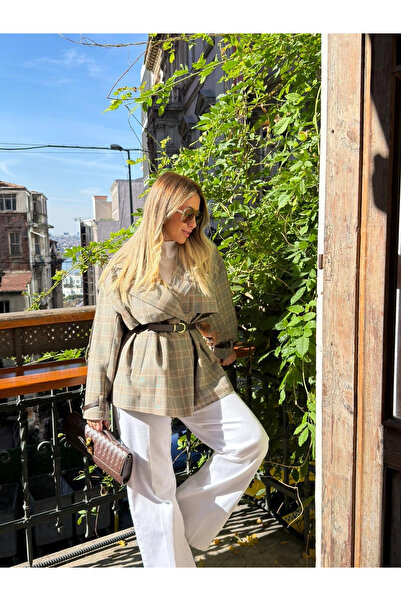 KÜBRA SÖYLEMEZ BOUTİQUE KAHVERENGİ KEMERLİ EKOSE TRENÇ