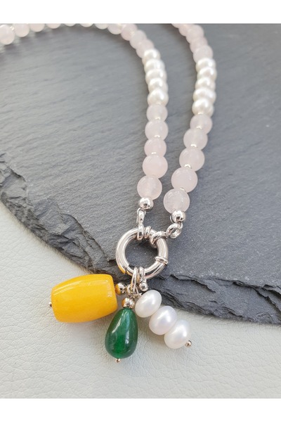 Abundo Necklace made of cultured pearls, aventurine and shell with 925 silver, 59 cm