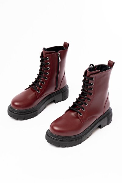 Aymood 812-356 Claret Red Lace-Up Zippered Daily Women's Boots