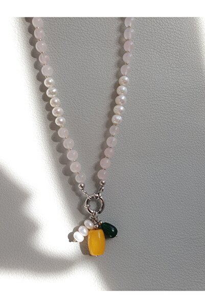 Abundo Necklace made of rose quartz, cultured pearls and jade with 925 silver, 60 cm