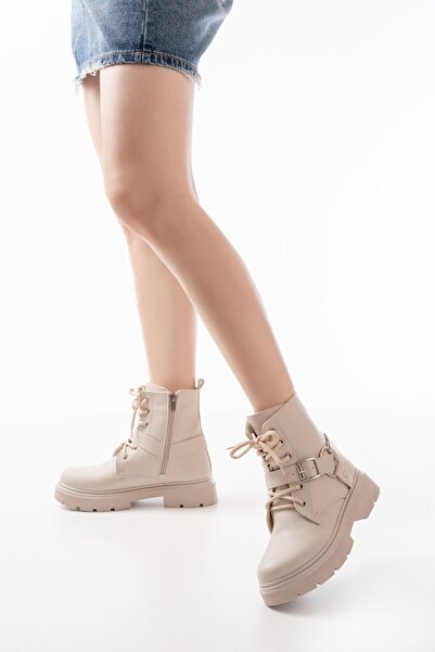 Aymood 508-3038 Beige Buckle Accessory Zippered Daily Women's Boots