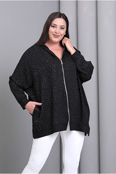 Şans Kadın Büyük Beden Siyah, Kapüşonlu Fermuarlı, Ön Ve Kollar Taş Detaylı Astarsız Tunik Ceket 65N39195