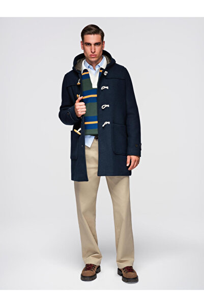 OMBRE Pánský vlněný duffle kabát s kapucí - tmavě modrý v2 OM-COWC-0131
