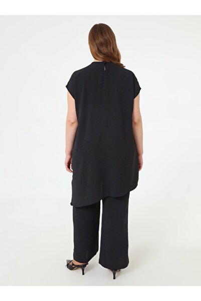 ALİA Leather Belt Detailed Blouse&Pants&Cap Three-Piece Plus Size Set - Black -