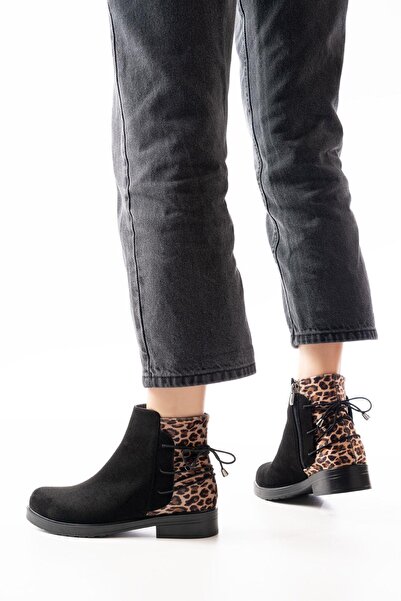 Aymood 165-209 Черни ежедневни дамски ботуши с цип и дантела с леопардов гръб