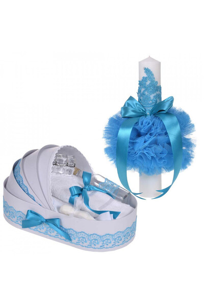 BebeNou Σετ Βάπτισης Denikos® & Λαμπάδα Τυρκουάζ Δαντέλα Αγόρι NKO5317