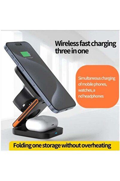 Generic 3 in 1 Magnetic Foldable Wireless Charger - 15W Mobile, 5W Watch/AirPods