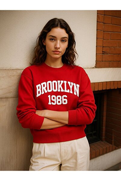 Ltb Long Sleeve Crew Neck Slogan Printed Red Sweatshirt