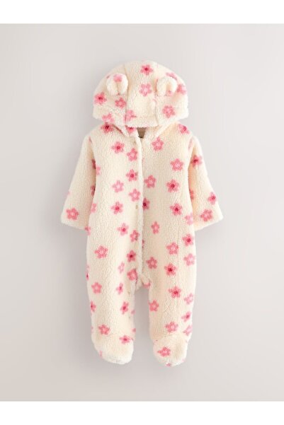 Next Baby Ecru and Pink Floral Baby Borg Hooded Astronaut Jumpsuit