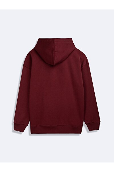 Ltb Long Sleeve Hooded Slogan Printed Red Sweatshirt