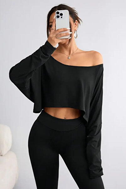 Tarz Cool Kırmızı - Siyah 2Li Kadın Düşük Omuz Kayık Yaka Oversize Uzun Kollu Crop T-Shirt