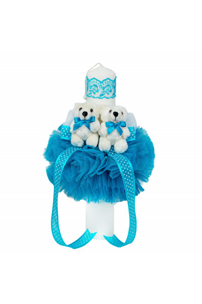 BebeNou Λαμπάδα Βάπτισης Τυρκουάζ Διακόσμηση με 2 Αρκουδάκια Denikos®