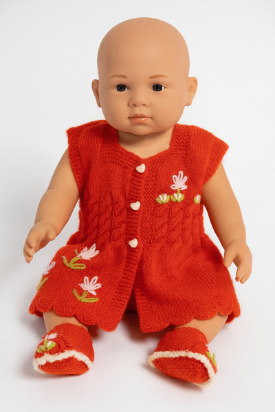 SENSSTEKSTİL Hand Knitted Baby Vest and Booties Set – Red Floral Pattern 🌼