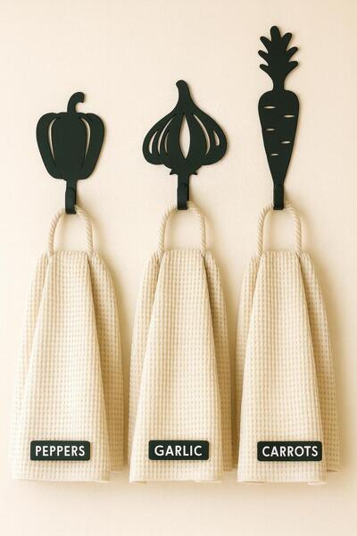 VENON SET SİYAH 7 Cm -- Sebze Figürlü 3’lü Mutfak Askı Seti Biber, Sarımsak H...