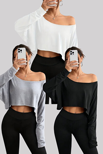COOL TARZ Black - White - Gray 3-Piece Women's Off-Shoulder Boat Neck Oversized Long Sleeve Crop T-Shirt