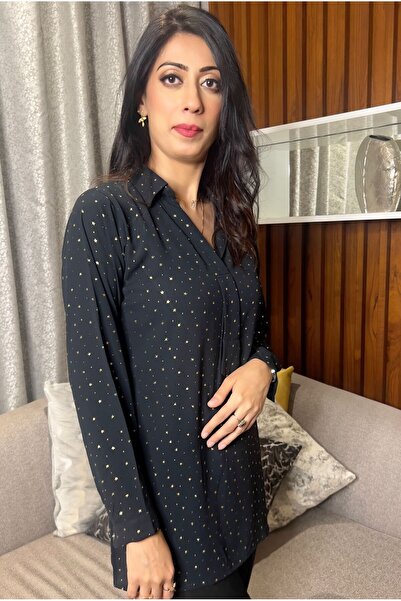 Hayati Collections قطعة واحدة - قميص جورجيت أسود مطبوع نجمة ذهبية