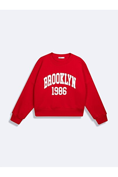 Ltb Long Sleeve Crew Neck Slogan Printed Red Sweatshirt