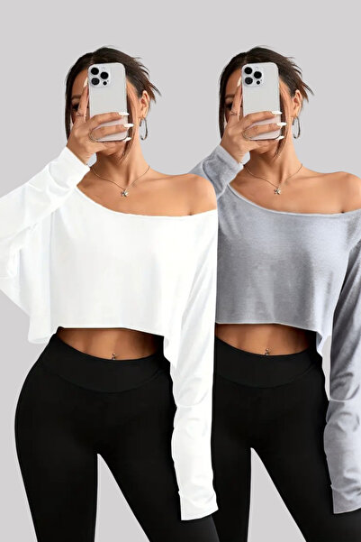 COOL TARZ White - Gray 2-Piece Women's Off-Shoulder Boat Neck Oversized Long Sleeve Crop T-Shirt