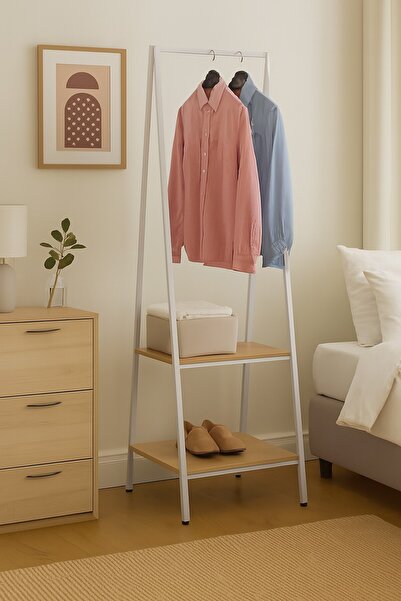 UnicSpot Suport haine metalic Herning, stejar alb si alb, 64x40x150 cm