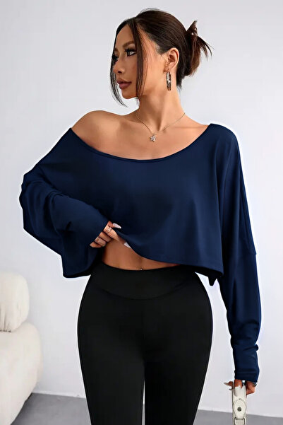 Tarz Cool Μαύρο - Λευκό - Ναυτικό Μπλε Γυναικείο μπλουζάκι με μακρυμάνικο λαιμόκοψη oversized