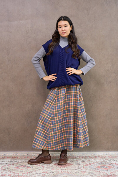 KÜÇÜĞÜM BUTİK Orange Flared Four-Piece Plaid Skirt