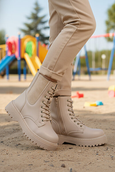 AYAKMOD Bej Polarlı Kaymaz Soğuğa Dirençli Deri Çocuk Bot Tuno 07 F